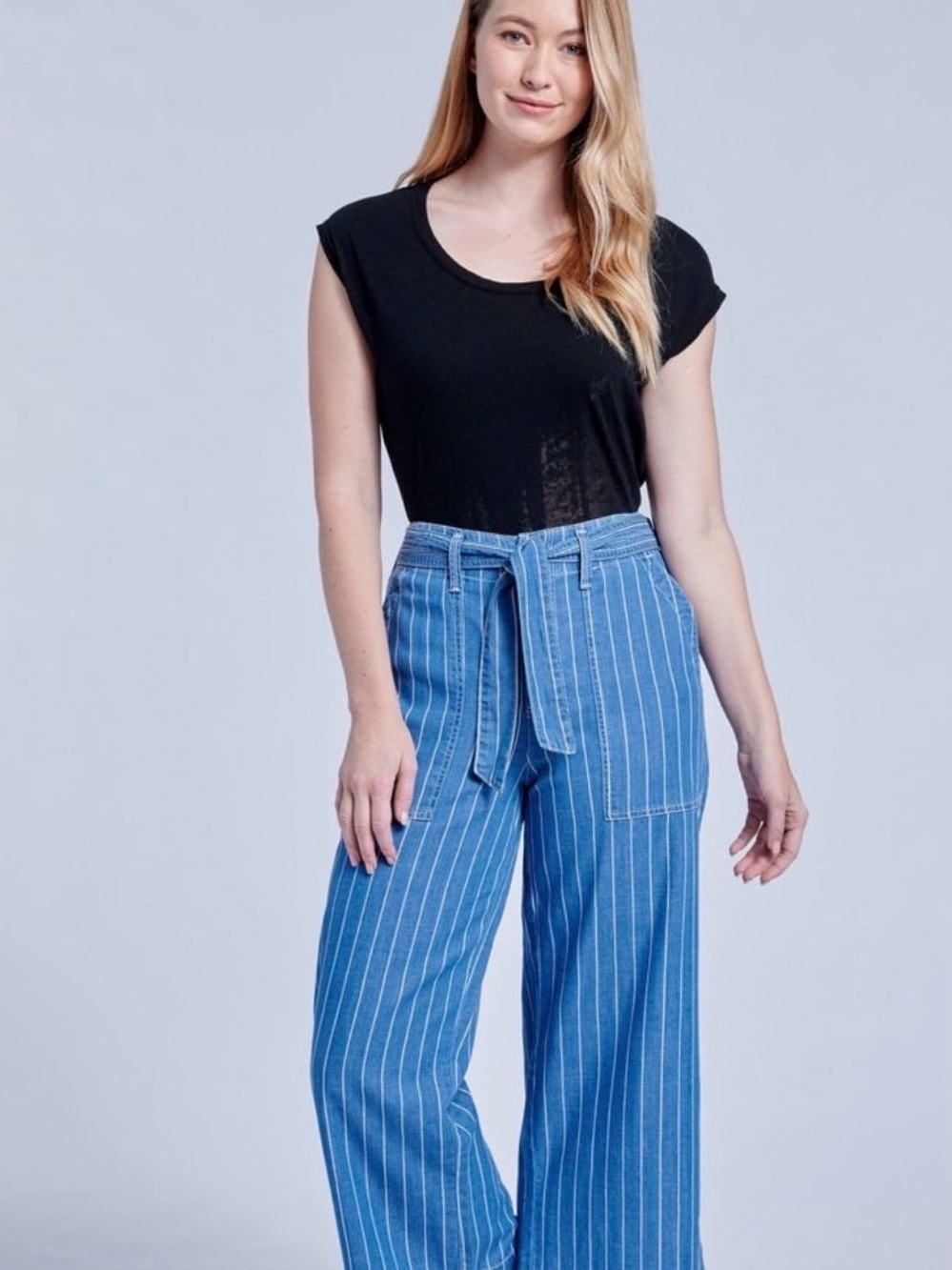 Seven7 Lightweight Blue and White Pinstripe Cropped Palazzo Pants